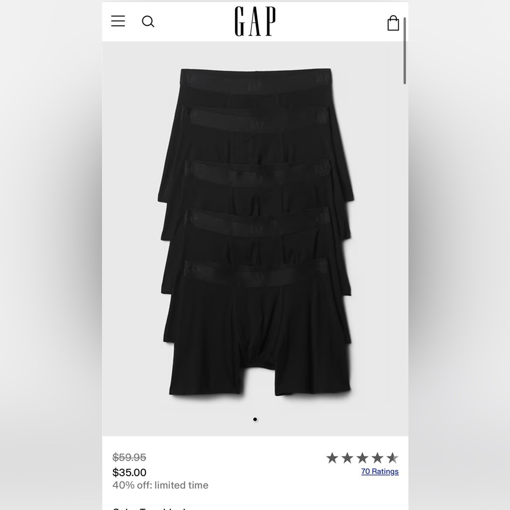 GAP Men's Classic Black Boxer Briefs - Set of 4, organic cotton Size M 32-34